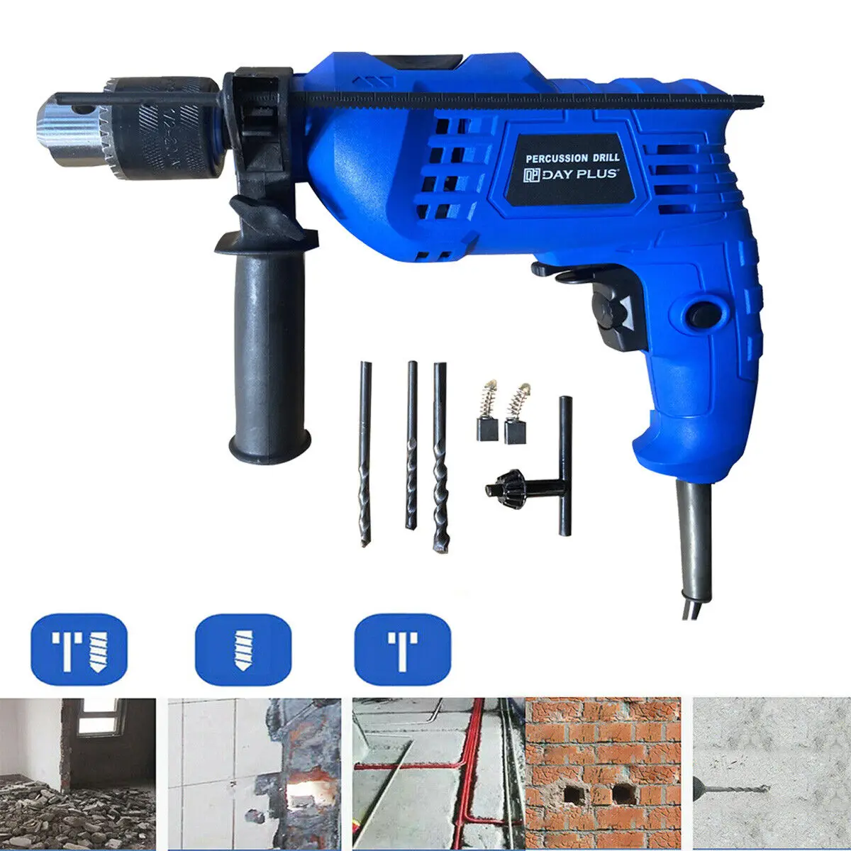 Power Electric Hammer Drill, 360° Rotating Handle, Variable Speed with Impact Drill Bit，2 in 1 Function Rotary Hammer Drill