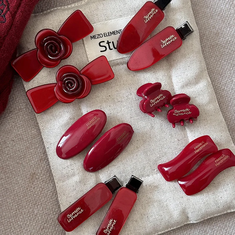 Red retro small acetic acid hairpin 2024 new bangs clips femininity edgeclip broken hair duck bill clip headdress