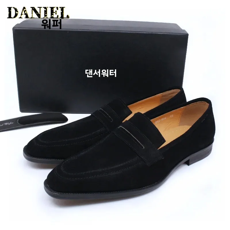 Luxury Men\'s Suede Leather Penny Loafers Brown Black Slip-On Casual Shoes for Office Wedding Dress Summer 2020