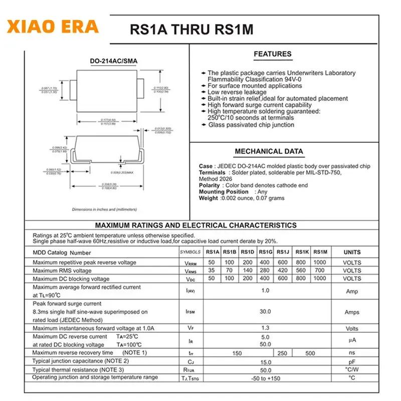 50szt SMD Dioda prostownicza DO-214AC RS1K RS1J RS1B RS1M RS1G RS2M RS1D RS1A 1A 50V 100V 200V 400V 600V 800V 1000V SMA