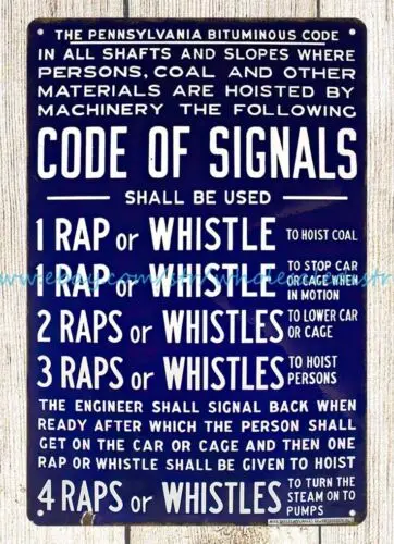 Pennsylvania Bituminous code of signals raps whistles metal tin sign home decor