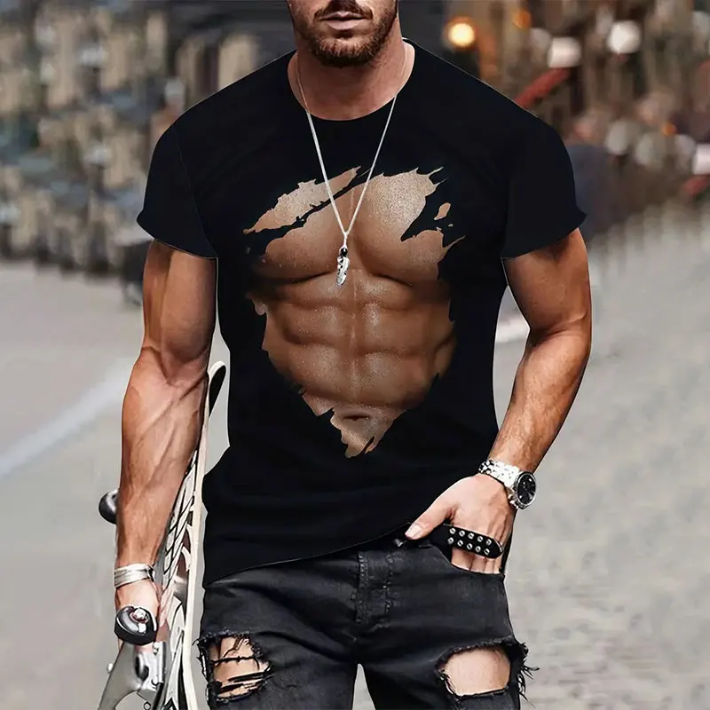 2024 Fashion Men's Sports Fitness Short Sleeve T Shirt New Summer Street Stereo Muscle Printed Top Round Neck Large Size T-Shirt