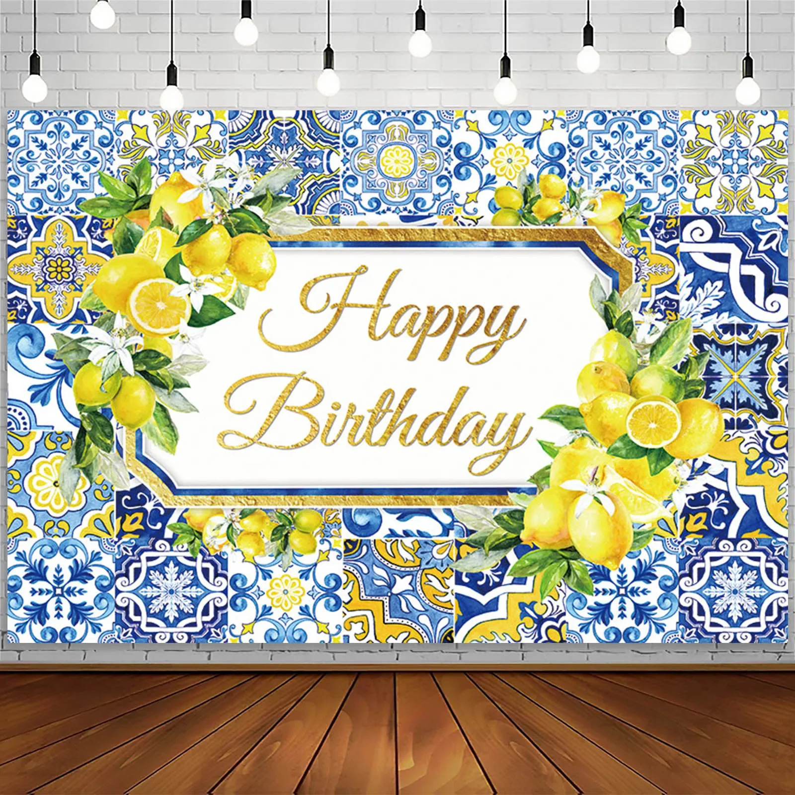 Lemon Baby Shower Background Blue Ceramic Tile Birthday Decoration Background Newborn Cake Banner Photography Background
