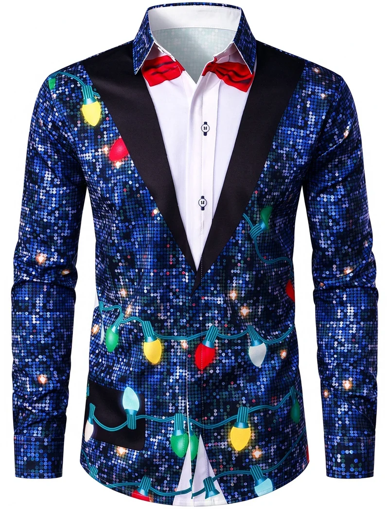 New men's pink glitter Christmas lights 3D printed long sleeved shirt with lapel, Christmas party fun casual shirt