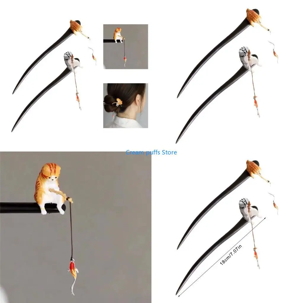 50LE Wooden Hairpin With Fishing Cats Chinese Hair Sticks Hair Accessory For Women Daily Styling