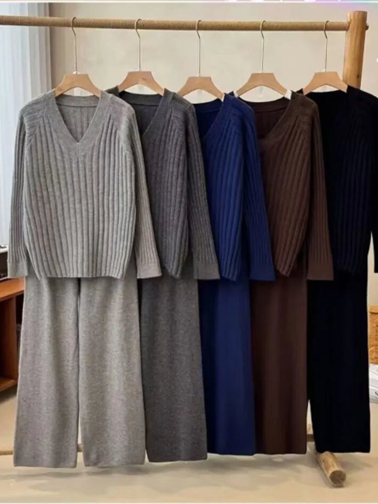 2025 casual duas peças roupa mulher 2 peças set it novo em conjuntos de correspondência de malha pulôver calças cor sólida confortável deslocamento