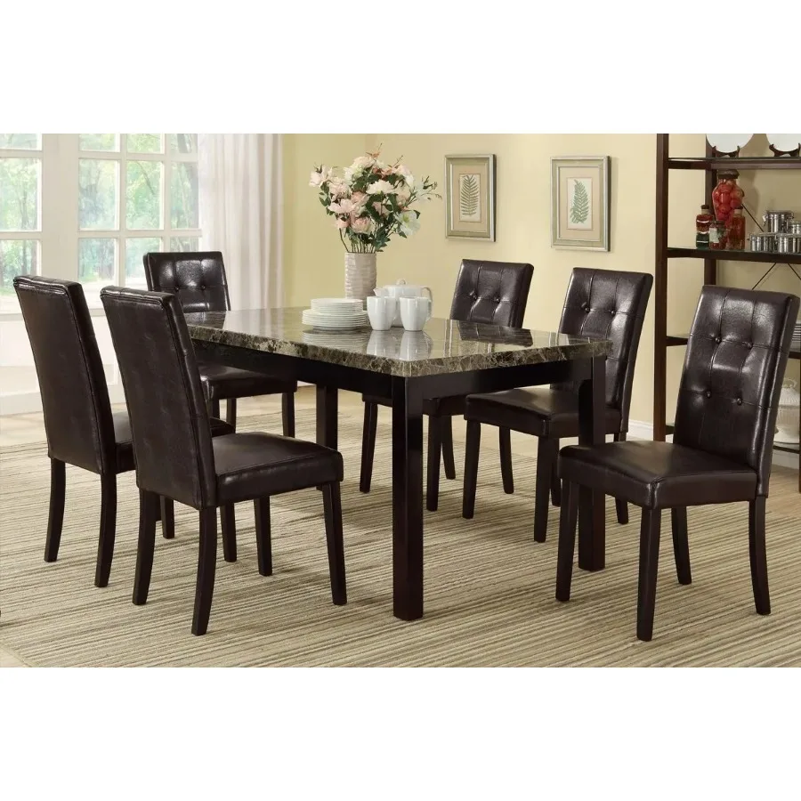 Marble Effect Table Top Upholstered Chairs 7 Piece Dining Set Table and 6 Side Chairs Tufted Back