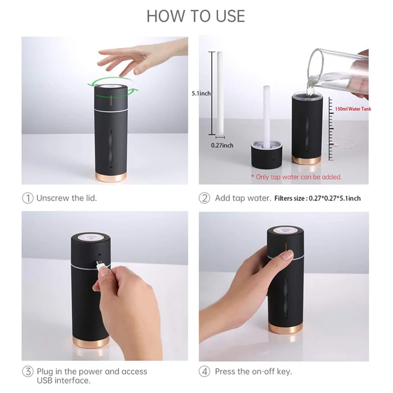 AA96 Umidificador pessoal de névoa fria USB Desktop Mini umidificador para quarto, escritório, viagem, carro, super silencioso, desligamento automático, preto