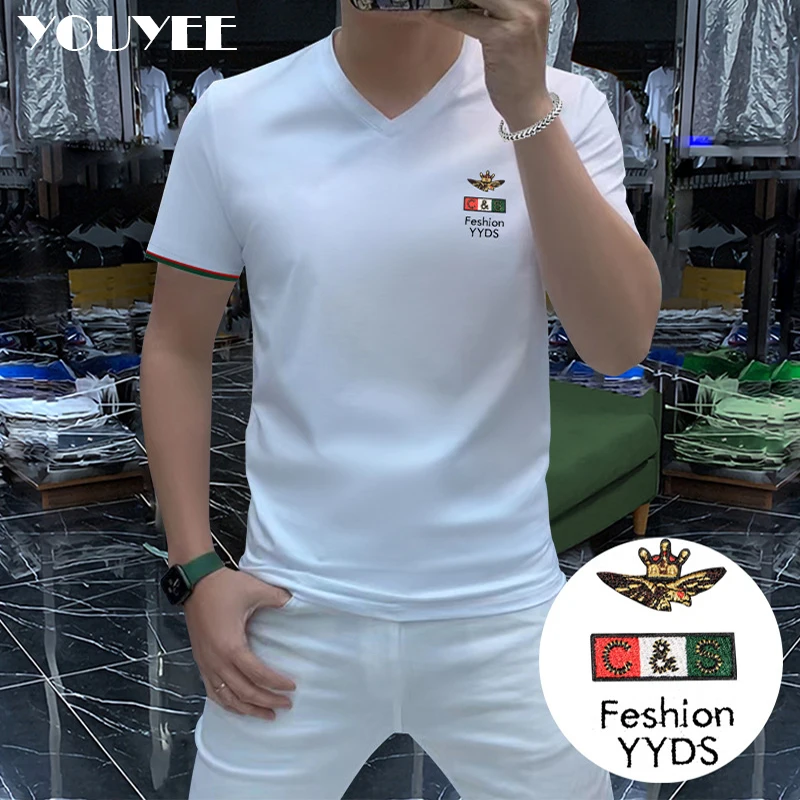 T-shirt da uomo con scollo a v con lettera ricamata 2022 nuovo cotone di seta del ghiaccio Slim abbigliamento maschile Versatile e confortevole