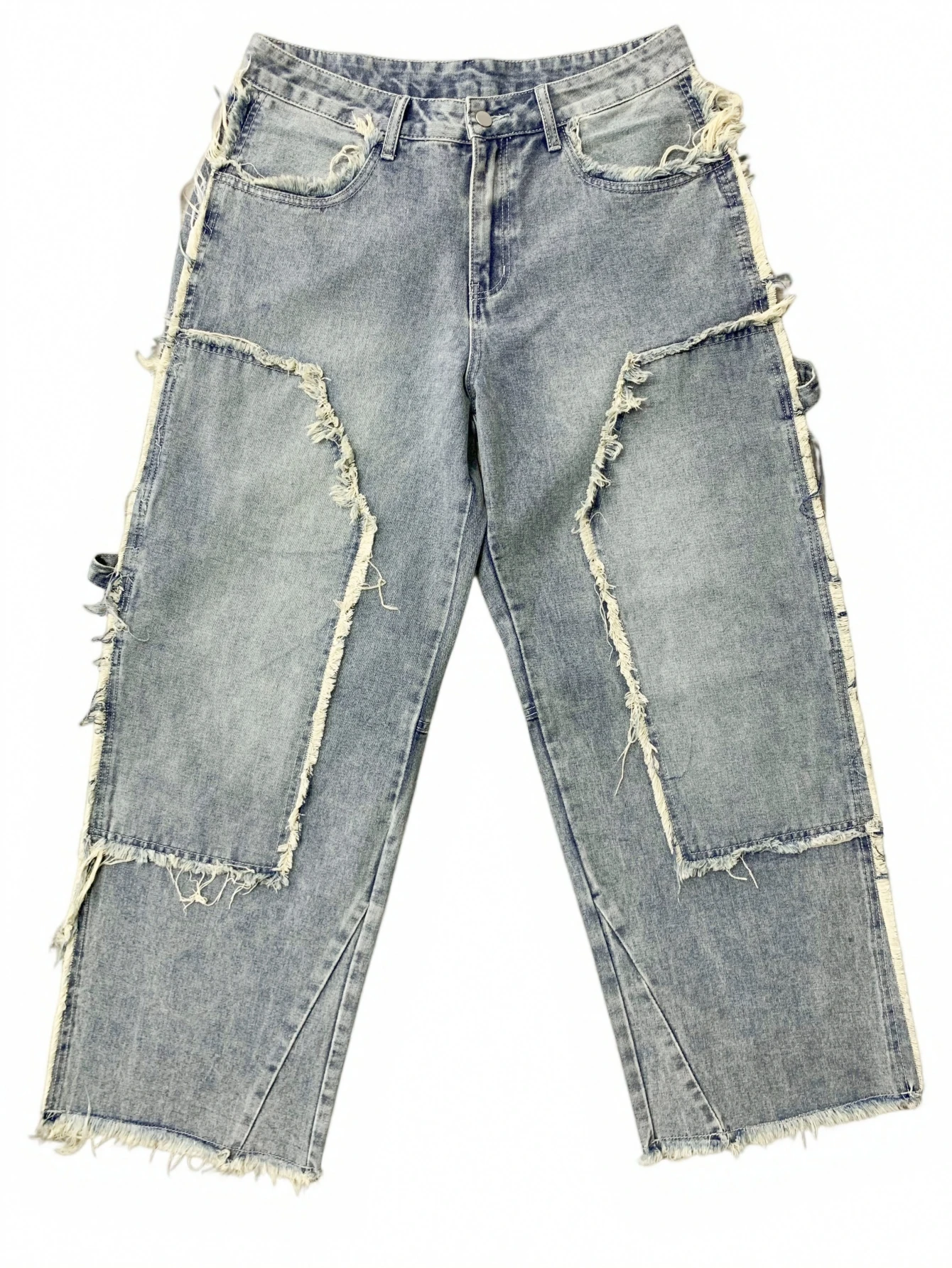 Men Light Blue Washed Raw Edge Patchwork Baggy Cargo Jeans Multi Pockets Frayed Seam Wide Leg Y2K Streetwear Denim Pants