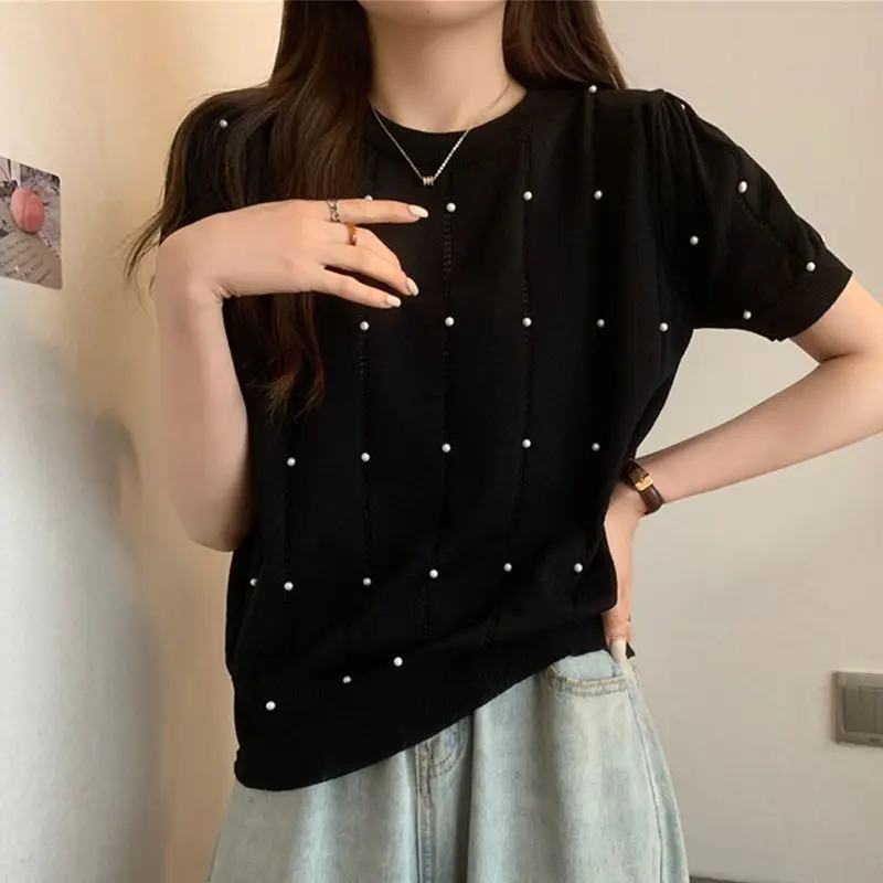 Summer French Solid Elegant Vertical Grain T-shirt Women Clothing Fashion All-match O-neck Knit Top Embroidered Flares Pullovers