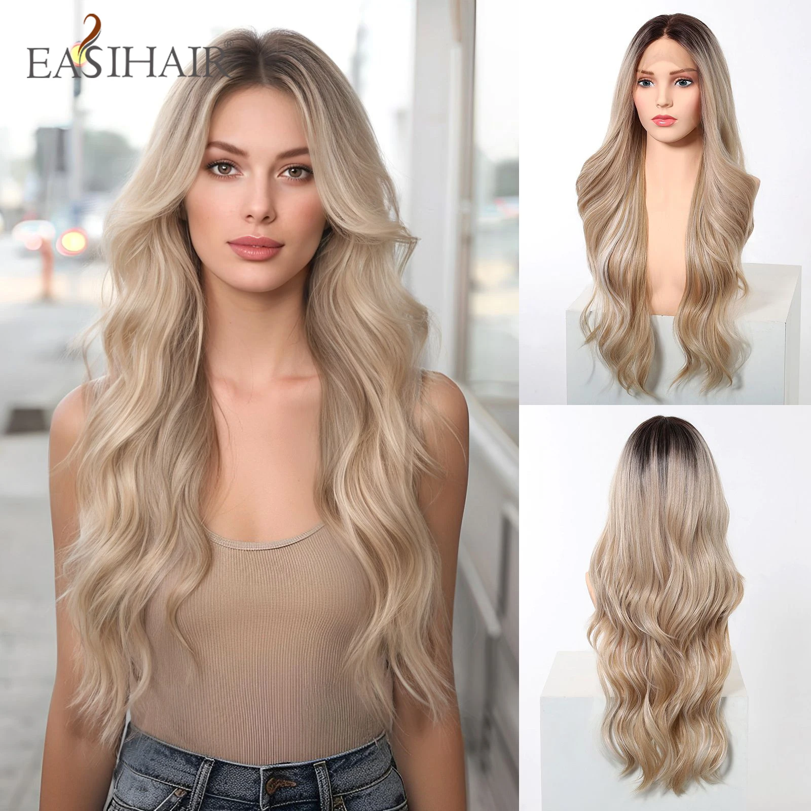 

EASIHAIR Длинные волнистые HD кружевные передние синтетические парики для женщин Натуральные волнистые светлые парики с темными корнями 13*6 Кружевные парики Термостойкие