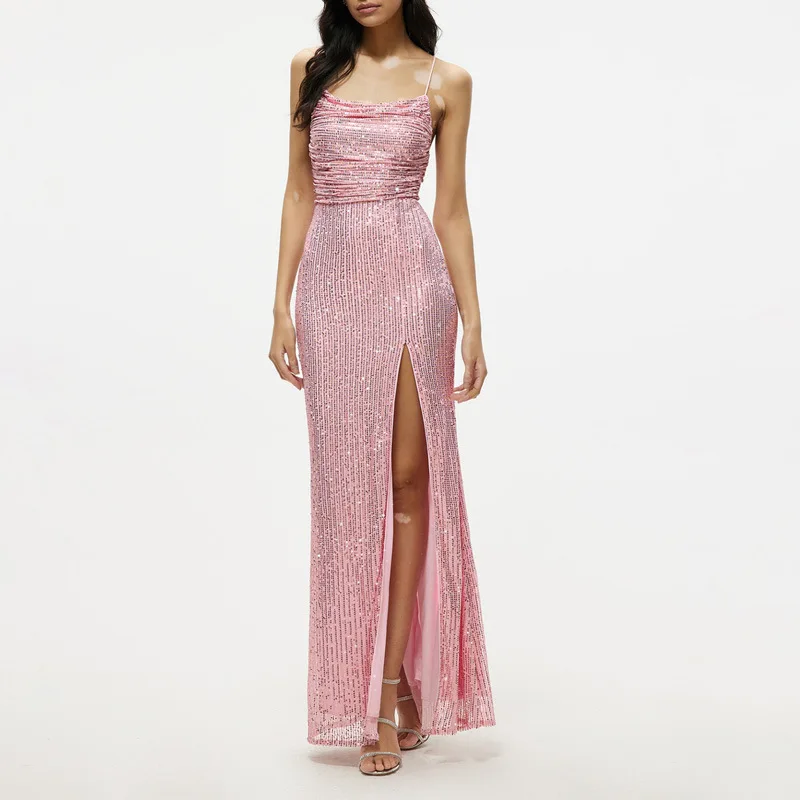 Luxury Women Pink Sequins Prom Dress Fashion Fashion Pleated Cocktail Party Dresses Sexy Backless Bandaged Split Vestidos Robes