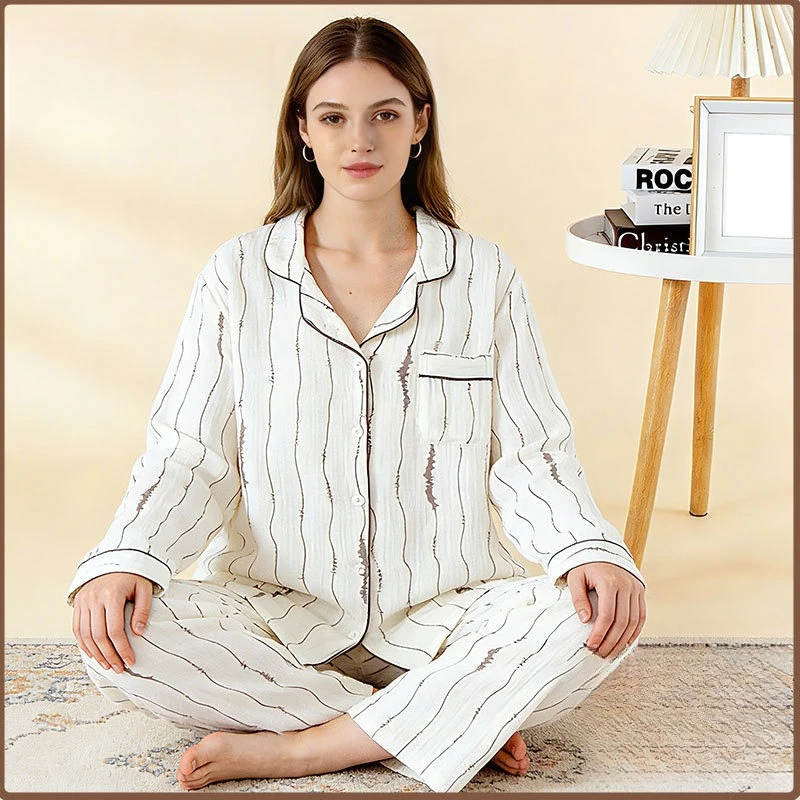 

Женский комплект для дома из чистого хлопка в полоску, приятная к телу пижама с отложным воротником, топ на пуговицах и контрастная отделка