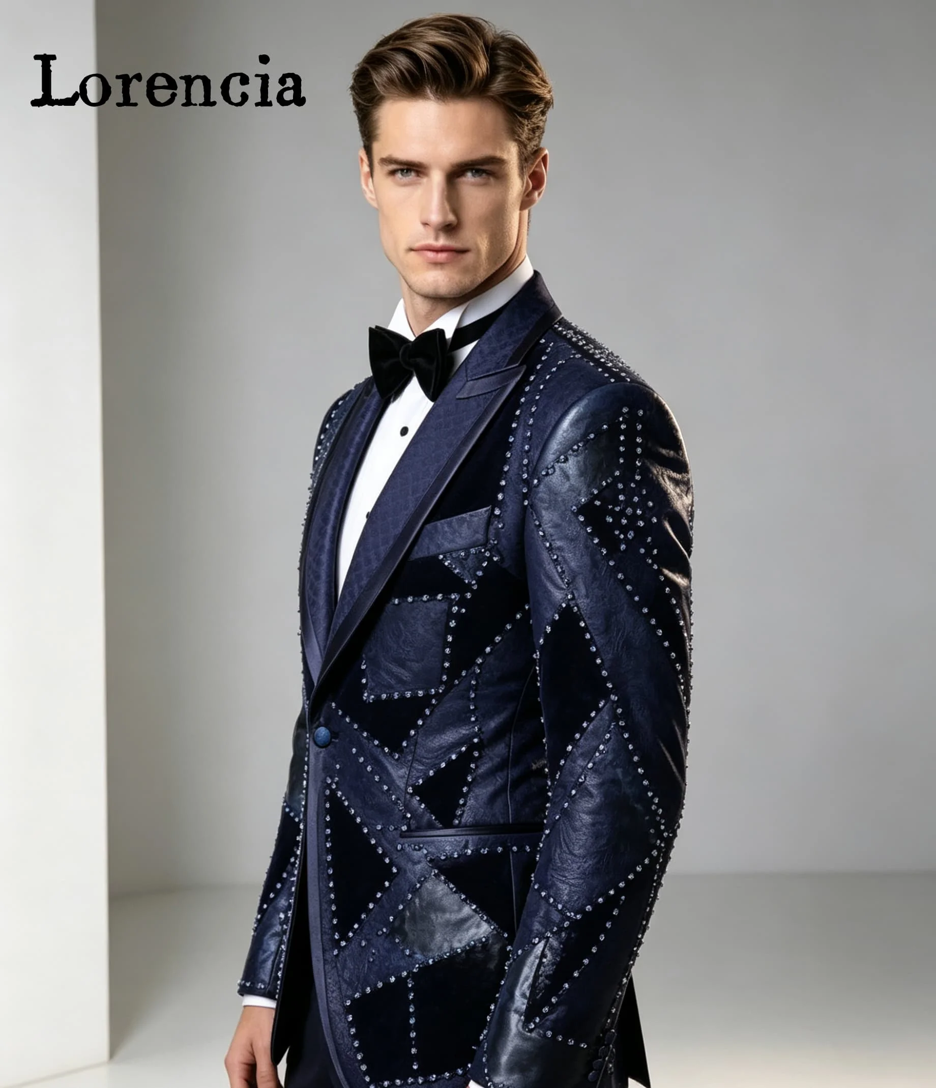 Luxury Men Suits 2 Pieces Slim Fit Patchwork Jacquard Male Blazers Beaded Crystal Wedding Groom Tuxedos Customized Ropa Hombre