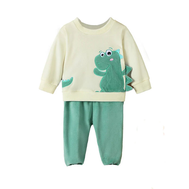 

Baby Boy Autumn 2PCS Outfit Sets Long Sleeve Dinosaur Embroidery Tops Solid Color Pants Sets