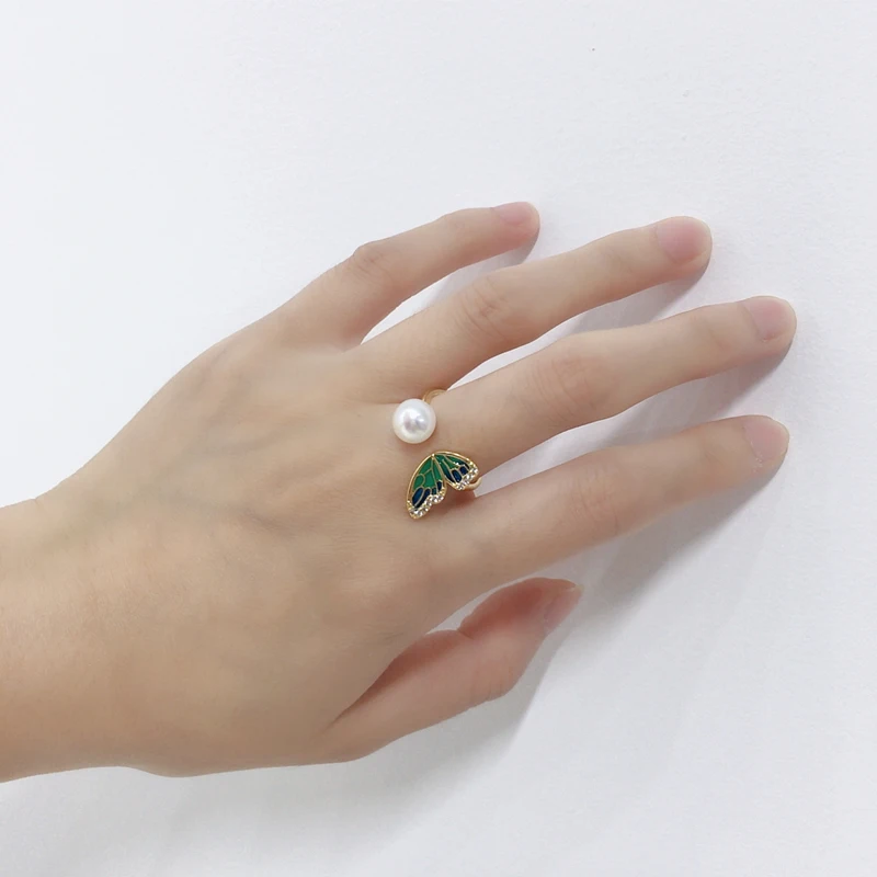 ZHBORUINI New Trendy Fine Pearl Ring Real Natural Pearl Enamel butterfly wings Ring Design Female Wedding jewelry Gift