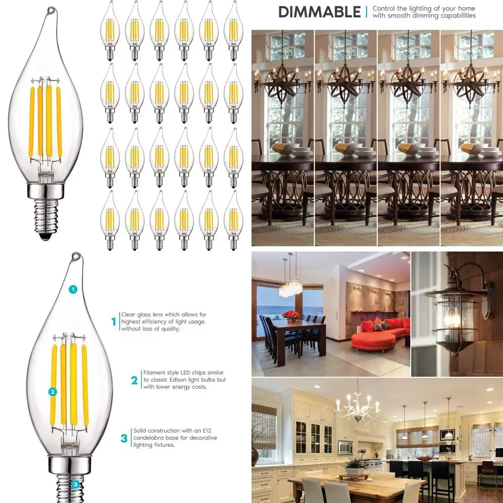 

Светодиодные лампы-свечи с регулируемой яркостью, 5 Вт (эквивалент 60 Вт), 550 люмен, 3000K, мягкий белый свет, прозрачное стекло, цоколь E12 (24 шт. в упаковке)