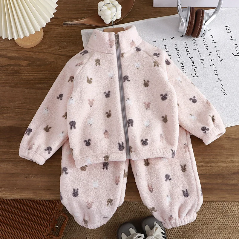 Winter 1-10Y Kids Home Clothes 2-Piece Suit Cartoon Print Top & Pants Fleece Warm Pajama Set Boys Girls Casual Sportswear  987