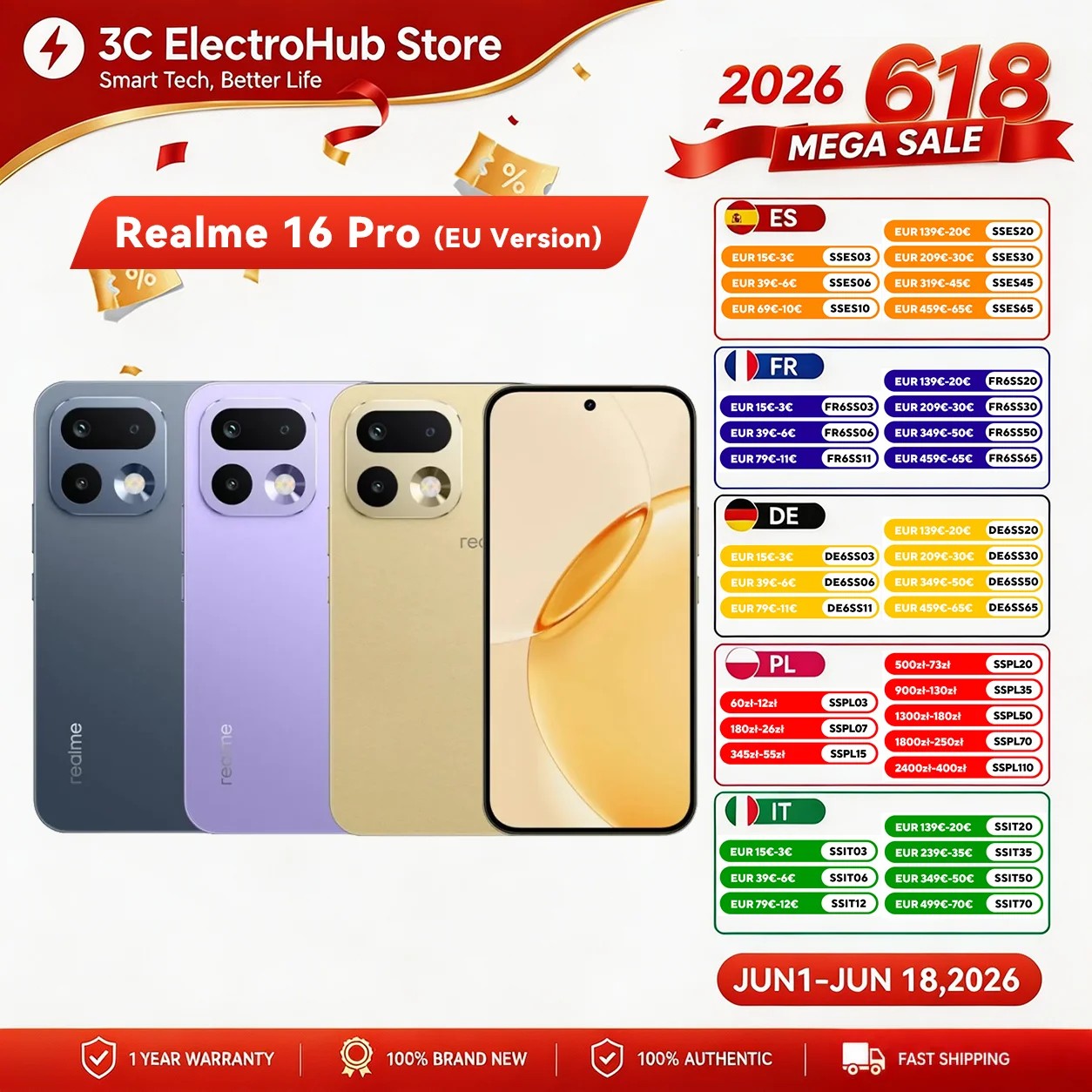【Version UE】Smartphone Realme 16 Pro 5G 8+256 Go, AMOLED 144 Hz, 7000 mAh, SuperVOOC 80 W, 50+200 MP, Dimensity 7300 Max, IP69