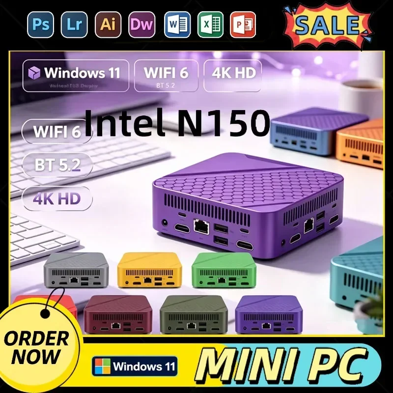 New Portable Mini Desktop Host Core N150 WiFi6 BT5.2 Dual Gigabit LAN Triple 4K Multi Display Compact Office Business PC Unit