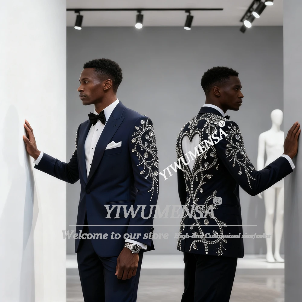 

Exclusive Beaded Stones Suits Men Cut-Out Design Groom Blazers Customized 2 Pieces Sets Man Banquet Wedding Tuxedo Costume Homme