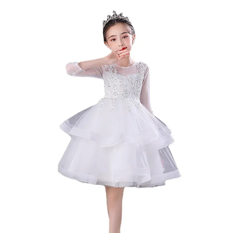 Fashion Princess Dress for Girls Lace Short Sleeve Knee-Length Ball Gown Summer Children Girls Party Dress 3-13 Years