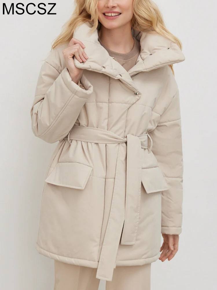 Winter Warm Parkas Woman Stand Collar Quilted Oversized Jacket Thick Cotton Padded Long Coat With Belt