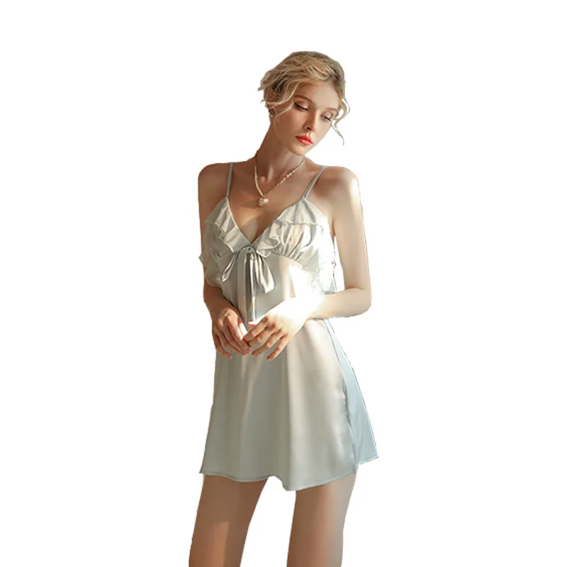 

Thin Ice Silk Sleepwear V-Neck Sling Strap Mini Dress Flounce Nightgown French Romantic Style Pajamas Women's Clothing in Summer