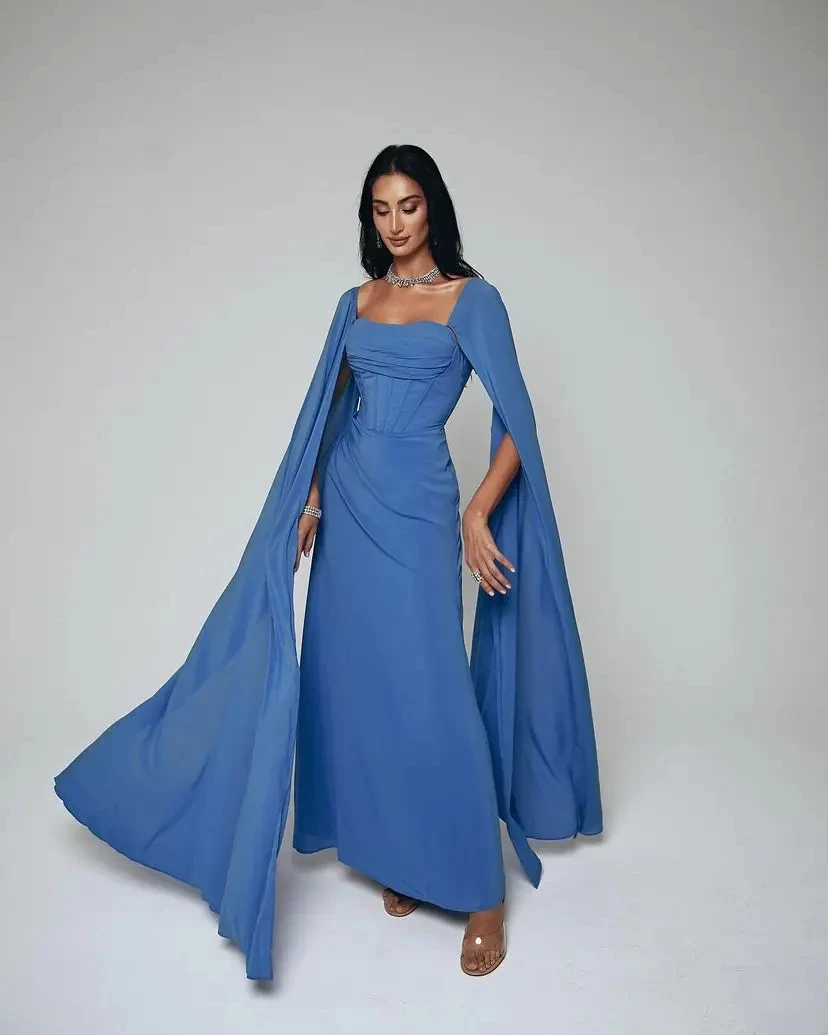 Vestidos de Noche de línea a simples de gasa, exquisitos vestidos de graduación personalizados con hombros descubiertos azules, ocasiones formales, vestidos de fiesta de boda