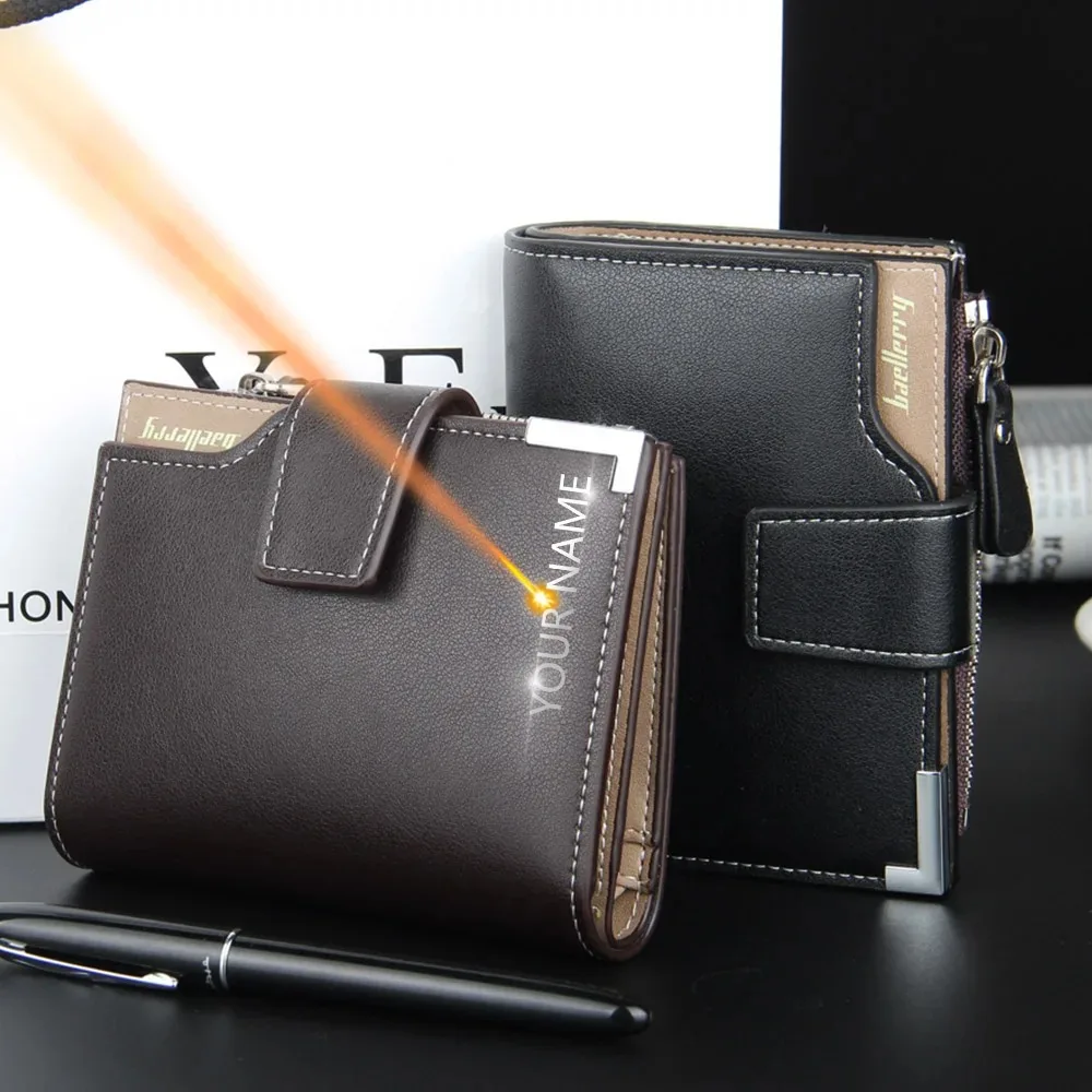 

Name Engraved Brand Man Purses Wallet Short Luxury Men Wallets Zipper Coin Pocket Card Holder Male Wallet Clutch Photo Holder