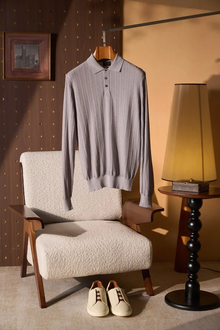 Men Long Sleeve Polo Shirt Silk Cotton Tencel Jacquard Texture 3 Button Collar