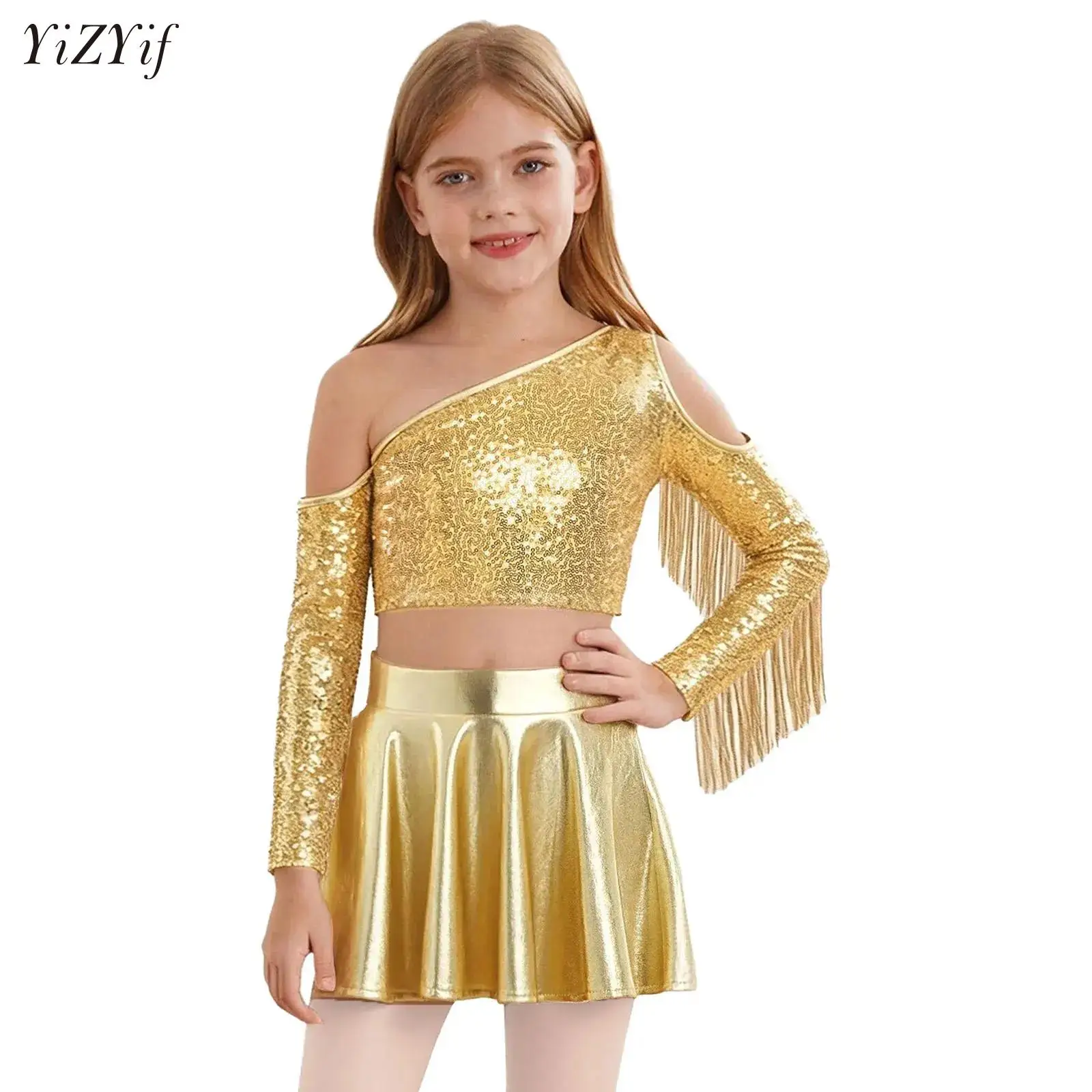 

Kid Girls Sequin Tassel Ballet Dance Set Gymnastics Figure Skating Costume Outfits for Modern Latin Jazz Belly Stage Performance