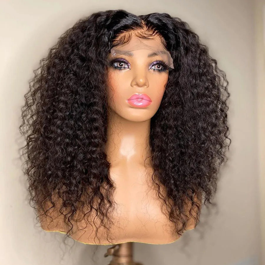 Soft Natural Black Glueless Long Kinky Curly 180Density 26inch Deep Lace Front Wig For Women With Baby Hair Preplucked Daily