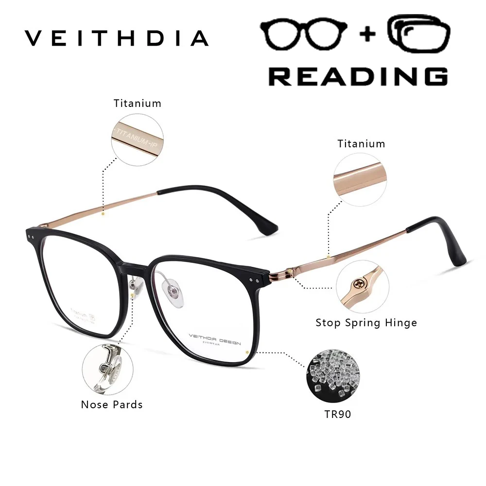 VEITHDIA Brand New Reading Glasses Titanium+TR90 Frame Blue Light Blocking Polycarbonate Lens +1.00 +1.50 +2.00 +2.50 R07306
