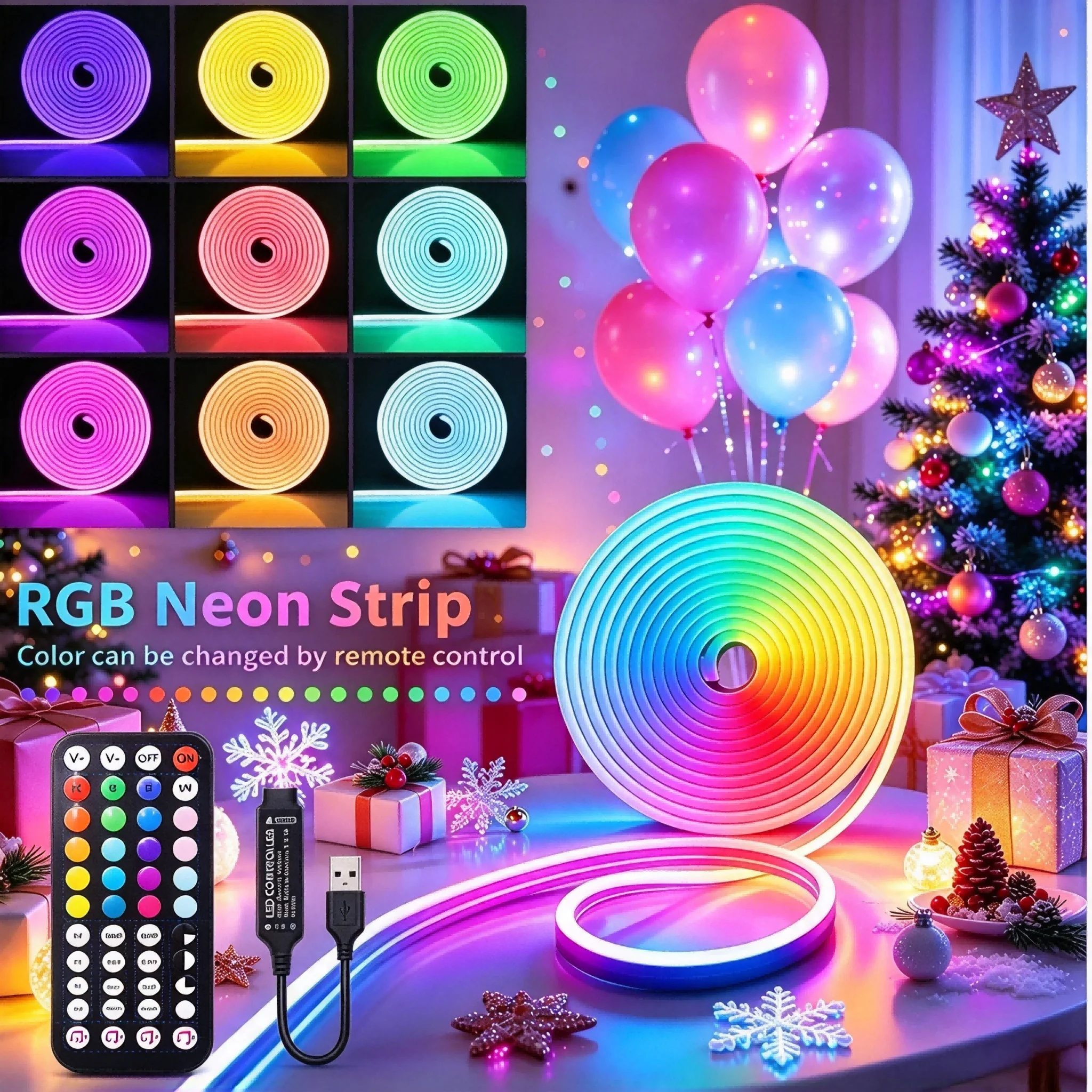 Rgb Color-Changing Neon Light Strip, Led Light Strip for Holiday Parties and Bedrooms, Color-Changing Led Strip with 44-Key Remote Control, Can Flash to the Music, Flexible and Cuttable for DIY Designs, Used for Home,