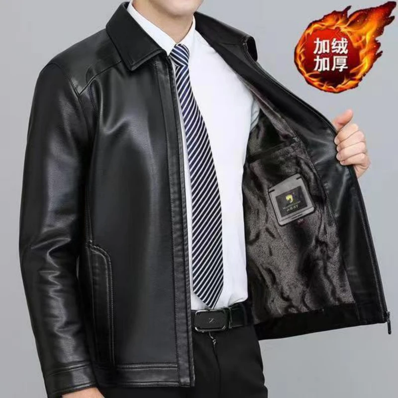 Autumn Winter New Haining Leather Clothing for Middle-aged Men and Women PU Leather Casual Large Size Leather Jacket Plus Velvet