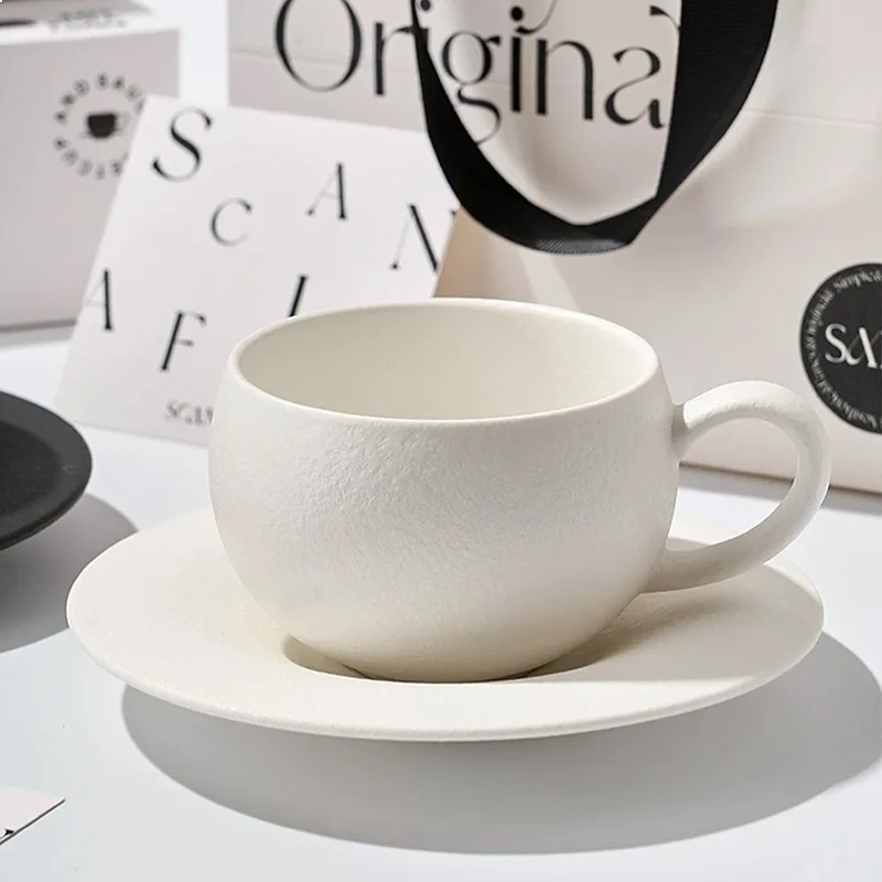Burnt Stone Texture Matte Ceramic Coffee Cup Saucer Set Premium Exquisite Unique Design Latte Art Cup High Appearance Mug Gift