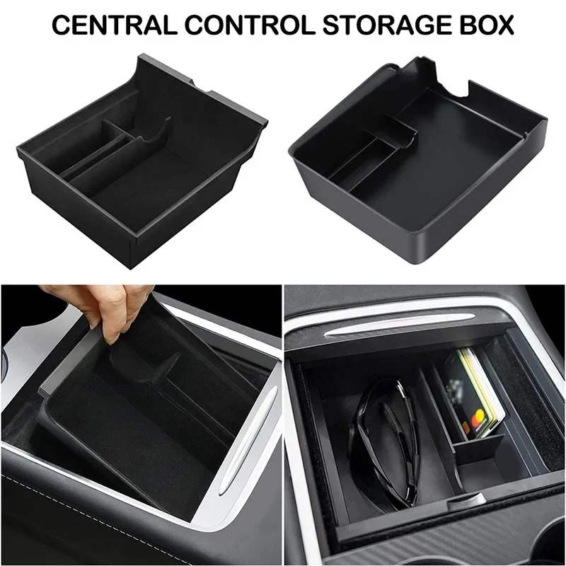 

For Tesla Model 3/Y 2021 Center Console Tray Armrest Box Hidden Storage Box with Cup Holder and Flocked Storage Box