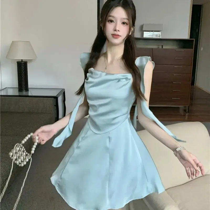 Korean Fashion Satin Dress Women 2025 New Spring Summer Ribbon Waist Cinching Slimming Camisole Sweet Dress for Woman