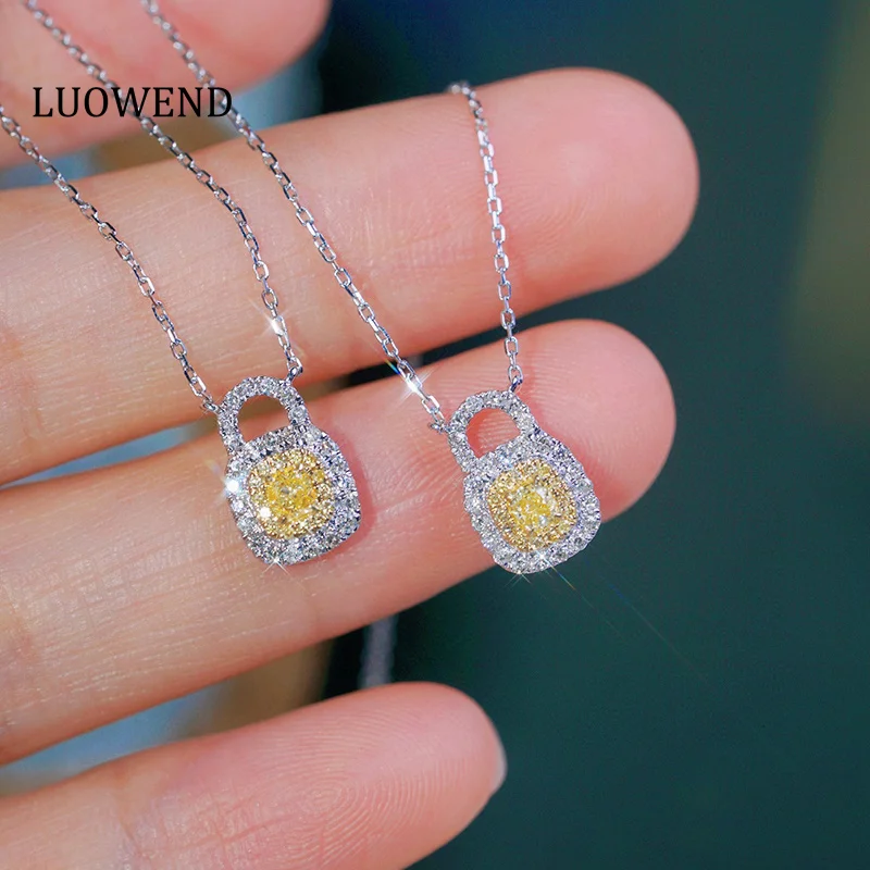 

LUOWEND 100% 18K White Gold Necklace Cute Bag Shape Real Natural Yellow Diamond Pendant Necklace for Women High Birthday Gift