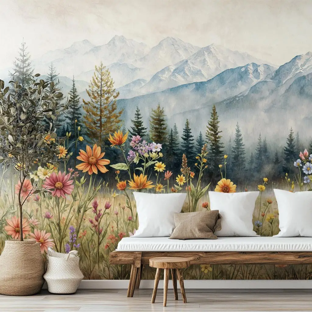 Custom Size Watercolor Mountain Forest Wallpaper Nature Scenery Mural Tree Floral Wall Paper Living Room Home Interior Decor