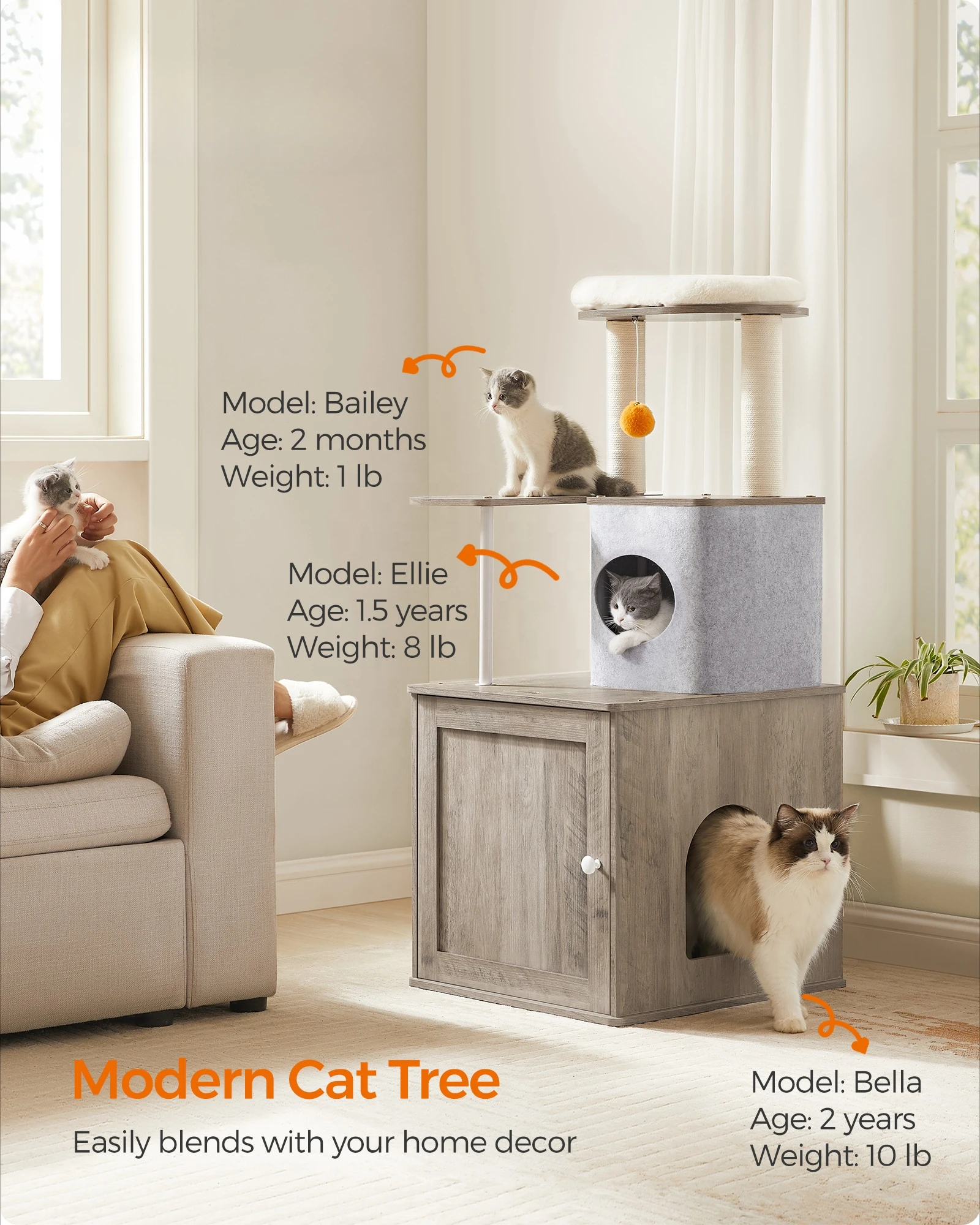 2-in-1 Modern Cat Tower  Cat Tree with Litter Box Enclosure 46.5-Inch Cat Condo with 2 Scratching Posts