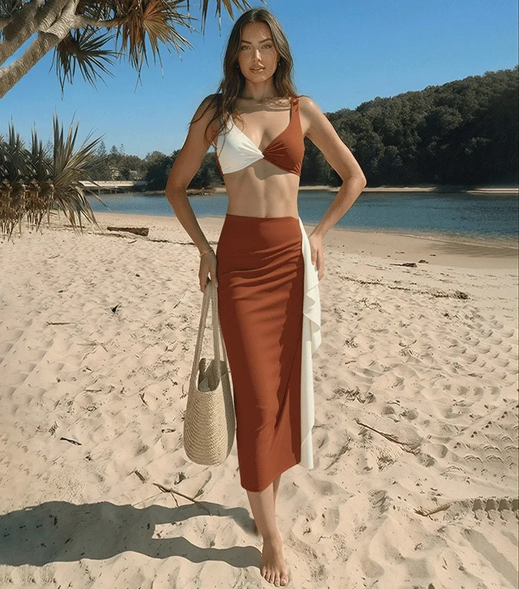 Women's Color-Block V-Neck One-Piece Bikini Simple Sophisticated Two-Piece Swimsuit Set for Ladies Beachwear