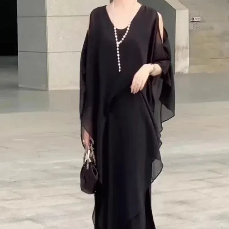 

Summer Women's Clothing V-Neck Elegant Fashion High Street Solid Color Asymmetrical Thin Style Spliced Advanced Sense Dresse