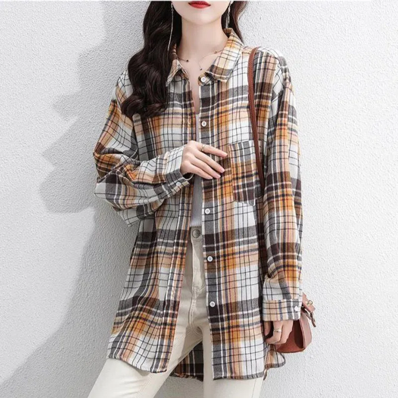 Spring Autumn Fashion Retro Sanding Lattice Long Sleeves Women Shirt Jacket Korean Version Medium Long Loose Wild Female Tops