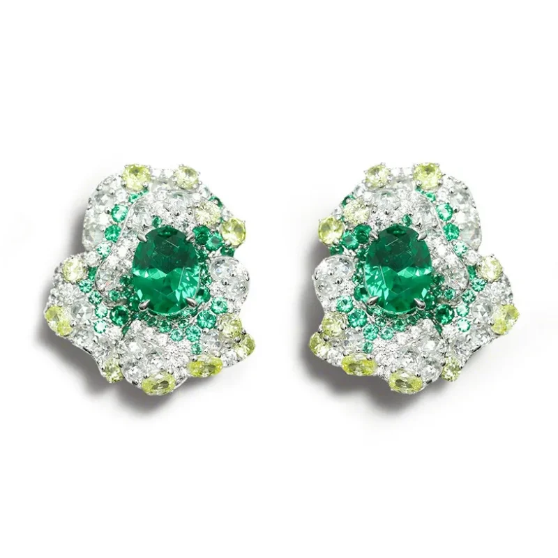 

BELLUX 925 Silver Gold Plated Synthetic Zircon Green Oval Emerald Rose Secret Garden Girls Earrings