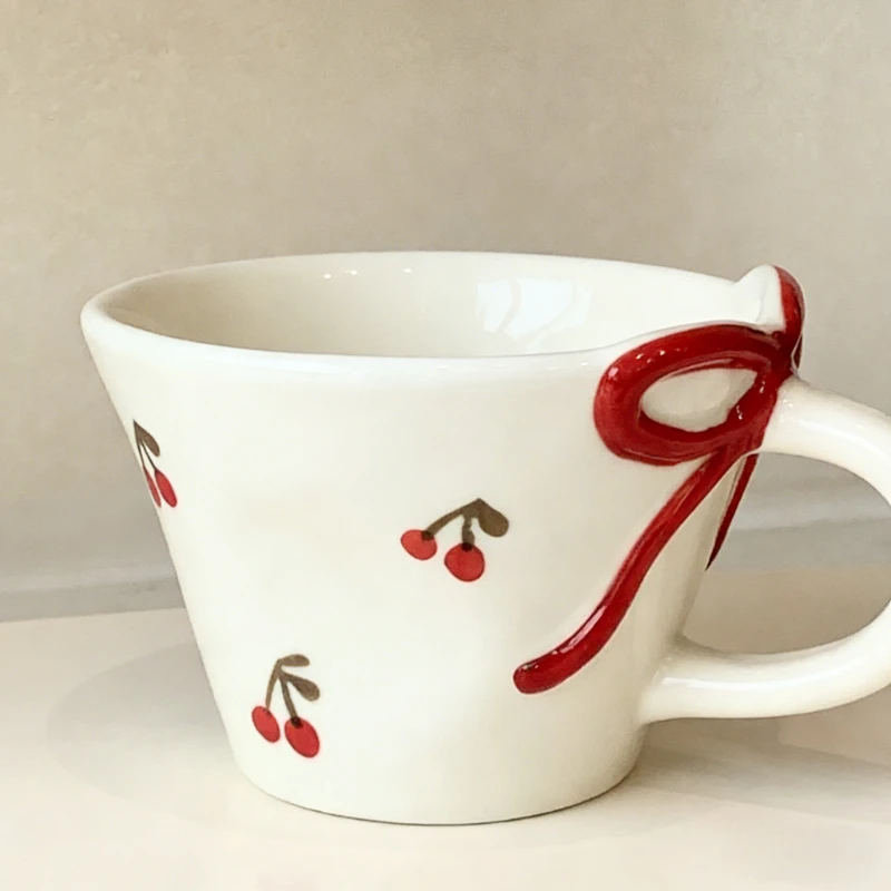 New Cute Large Capacity Ceramic Mug High Aesthetic Pink Bow Water Cup Breakfast Cups for Kids Home Daily Use Creative Drinkware