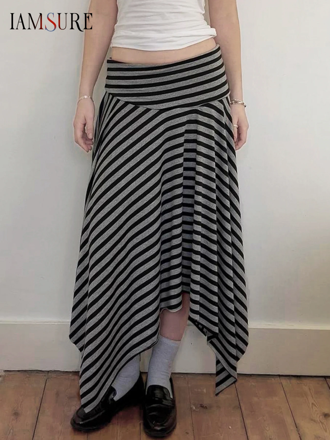

IAMSURE Casual Striped Asymmetrical Skirts Basic Slim Low-Waisted Maxi Skirts Women 2025 Summer Fashion Streetwear Ladies