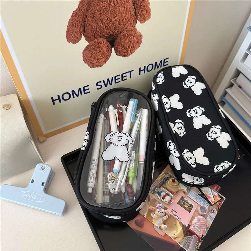 Cartoon Puppy Dog Zipper Pencil Bag Multi-function Transparent Storage Bag Large-capacity Stationery Case High-looking Pen Box